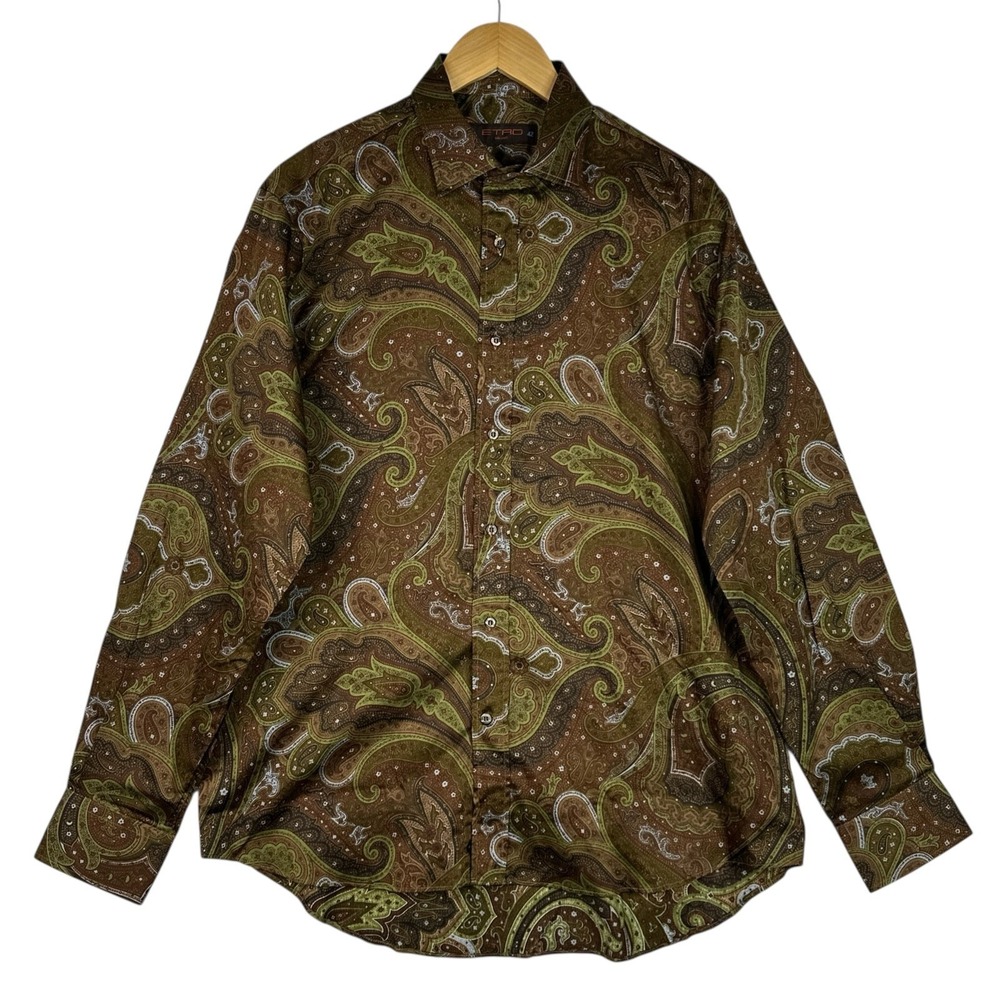 Etro Milano Paisley Shirt Button Down Mens‎ Brown Green Cotton Made In Italy
